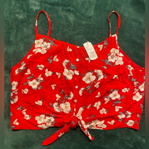 NWT Becool Red Flower Print Tied Crop Top Size L - Picture 7 of 8
